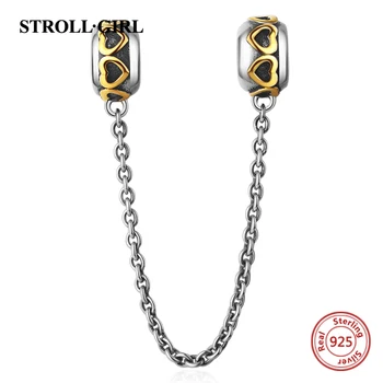 

fine Safety chain Silver 925 Beads with gold love Fit Original European Charm Bracelet fashion diy jewelry making for gift