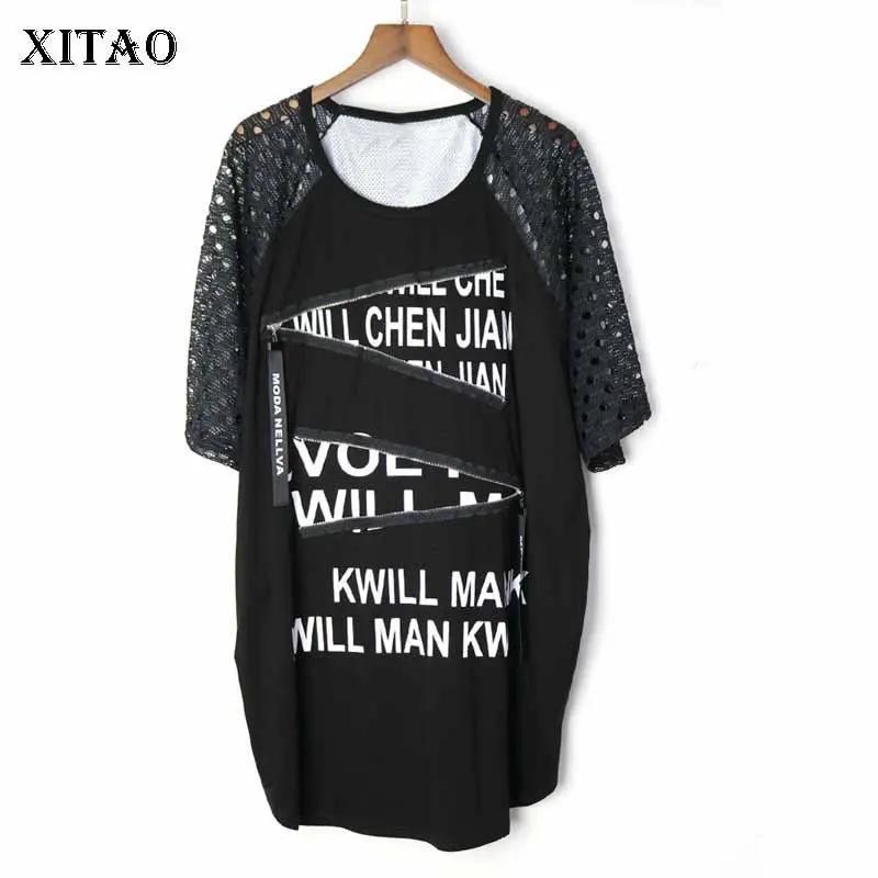 

XITAO Mesh Sleeve T Shirt Women Clothes 2019 O Neck Print Letter Patchwork Irregular Perspective Korea Fashion New ZQ1845