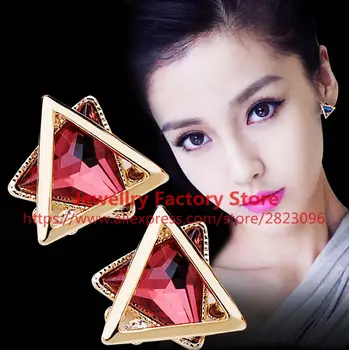 

300sets/lot New Stereo Triangle Earrings Gold Plated Geometric Crystal Stud Earrings Female Jewelry Fashion Accessoriess Bijoux