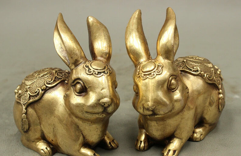 

Folk Chinese Brass Year Zodiac Wealth Lucky Cai Fu Coin Rabbit Statue Pair