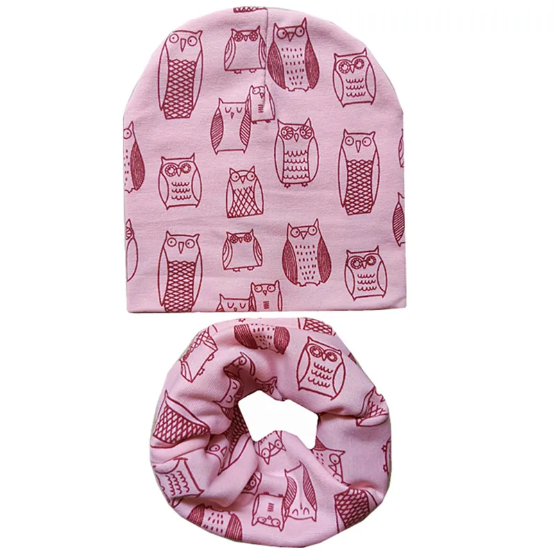 pink owl Осенне-зимний детский комплект с шапочкой для мальчиков и девочек, весенний теплый шейный платок, детские вязаные шапки, комплекты из хлопка, детская шапка, шарф, комплекты из 2 предметов - Цвет: pink owl