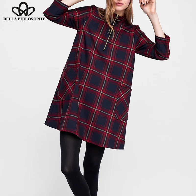 Wonder 2018 new autumn Long Sleeve Mini Dress Vintage Zippers Female Plaid A-Line Dress Casual Retro Lady Fashion Pockets Dress
