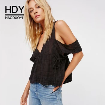 

HDY Haoduoyi Sexy Cold Shoulder Black Blouse Women V-neck Casual Loose Brief White Tops Preppy 2020 Summer Tie Shirt Blusas