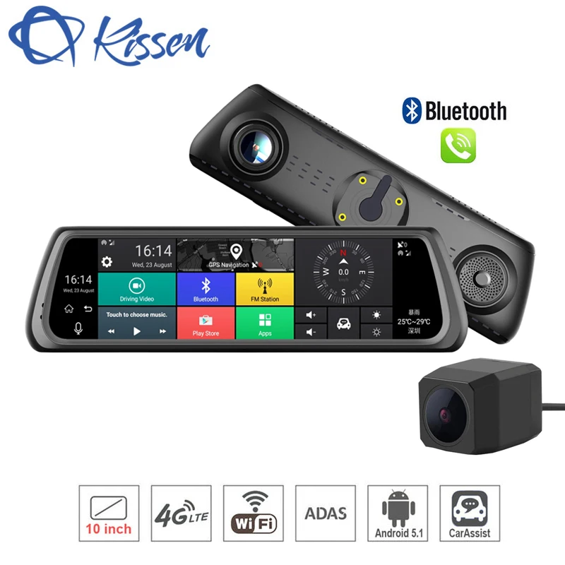 

Kissen 4G Android 5.1 Car DVR 10 Inch Touch Dash Cam Car Rearview Mirror Dash Camera Dual Lens ADAS GPS Navigation Wifi Recorder