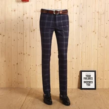 Высокое качество утолщенные мужские осенние зимние Синие Клетчатые деловые мужские деловые костюмы для отдыха длинные штаны теплые модные темно-синие джентльменские