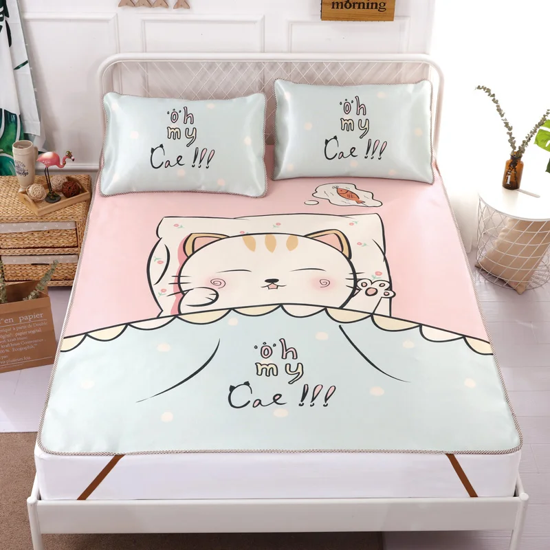 

Three-piece Nordic Palm Leaves Cactus Patterns Silk Mat Kit Fashionable Home Foldable Washable Viscose Fiber Sleeping Mat