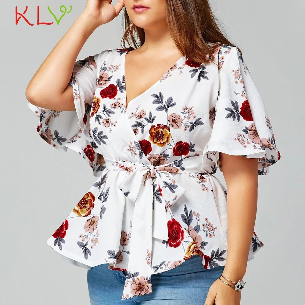 KLV женская блузка размера плюс, сексуальный v-образный вырез, цветочный принт, расклешенный рукав, пояс, оплетка, Пеплум, топы и блузки, blusas feminina
