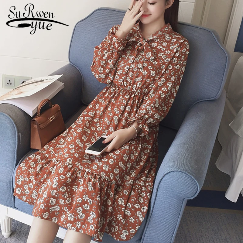 

Fashion women dresses 2019 spring flare long sleeve bow collar women dress flowers print chiffon dress women clothing 2604 50