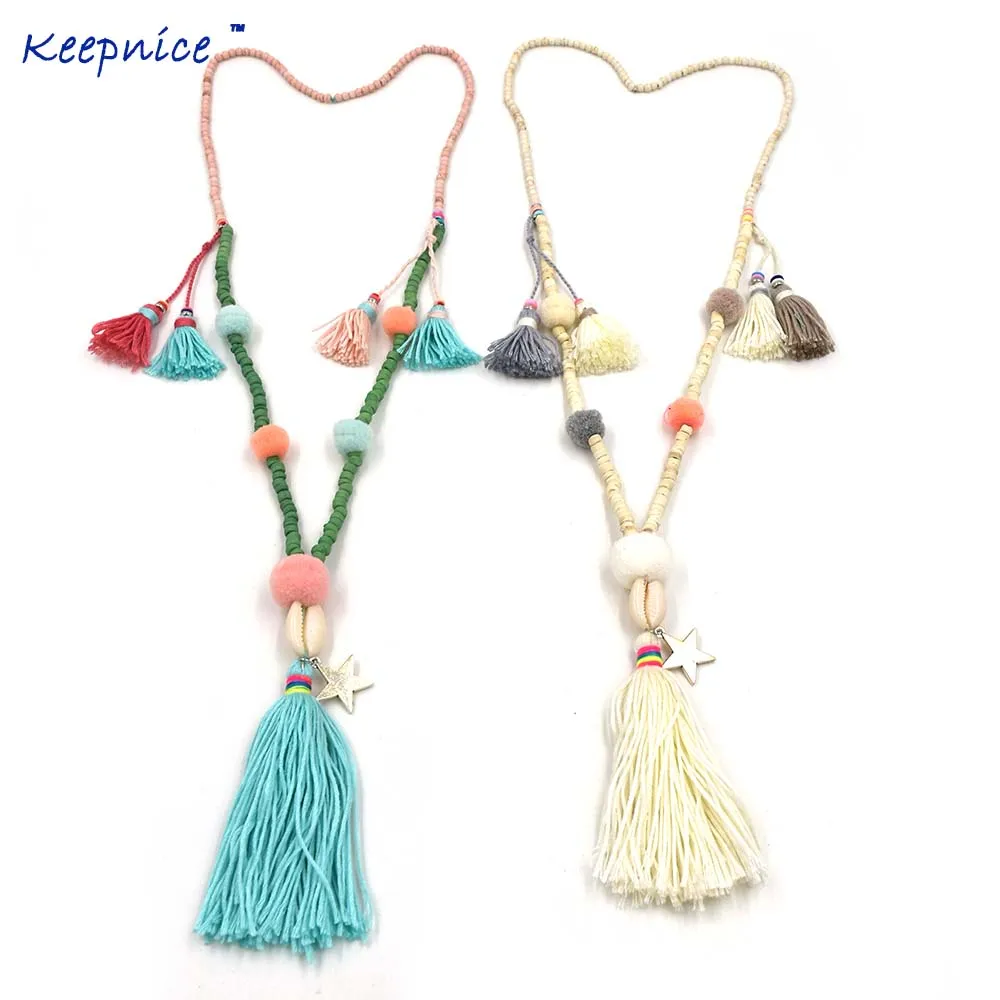 

New handmade tassel pompous pendents necklace boho Bohemiam long fringe statement Maxi Necklaces for women summer sea beach