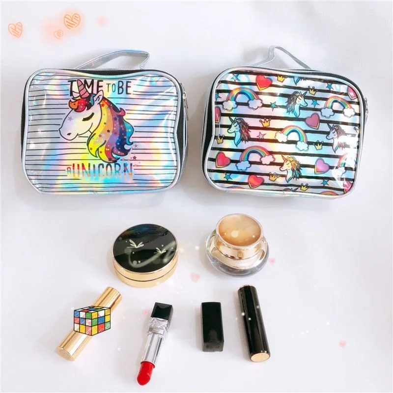 Stripe Pattern Laser Cosmetic Bag Cartoon Unicorn Waterproof Makeup Bag Handbag Storage Mak Up Beauty Organizer Case