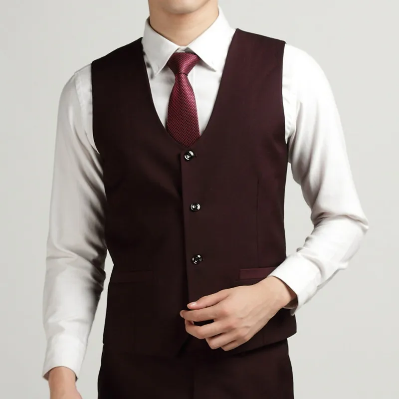 Fashion Men's Office Formal Business Vests Bestman Wine Red Suit Vest
