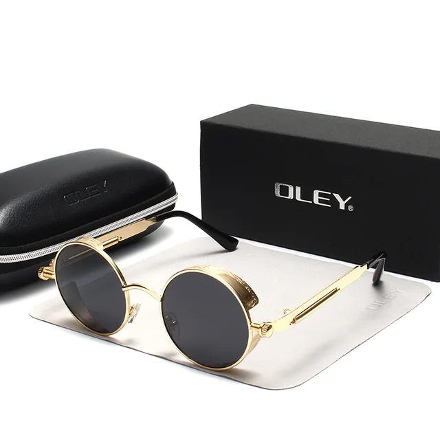 OLEY Brand Metal Round Steampunk Sunglasses Men Women Fashion Color film punk sun glasses Driving Anti-glare Eyewear UV400 Y261 Y261 C1BOX