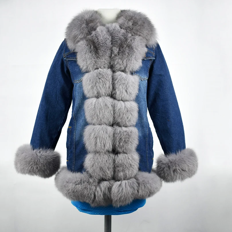 2018 spring real Fox fur collar thick lining denim parka coat jacket ...