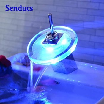 

Free shipping LED bathroom basin faucet with single handle glass waterfall faucet by solid brass hotel bathroom water faucet