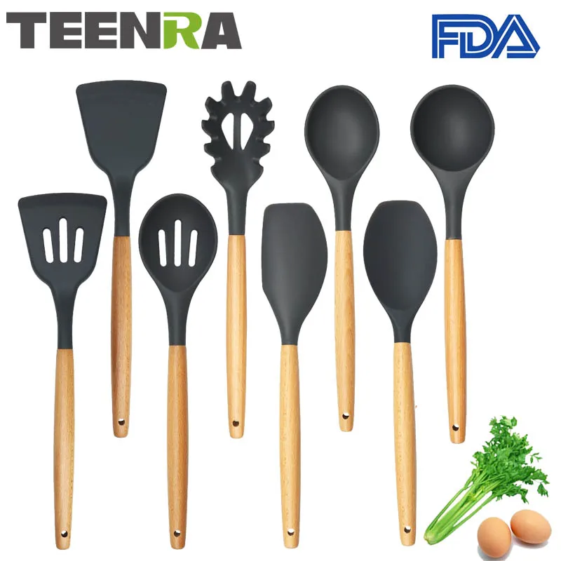 TEENRA 8 шт., набор кухонной посуды из пищевого силикона, антипригарные инструменты для приготовления пищи, набор силиконовой посуды, лопатка, половник, шлицевая лопатка