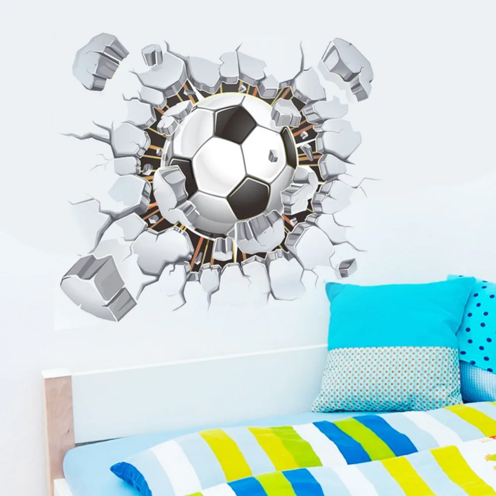 Creative Soccer Football Cracked 3D View Decorative Wall Stickers For Kids Boys Room Decorations Home PVC Decor Mural Art Decals | Дом и сад