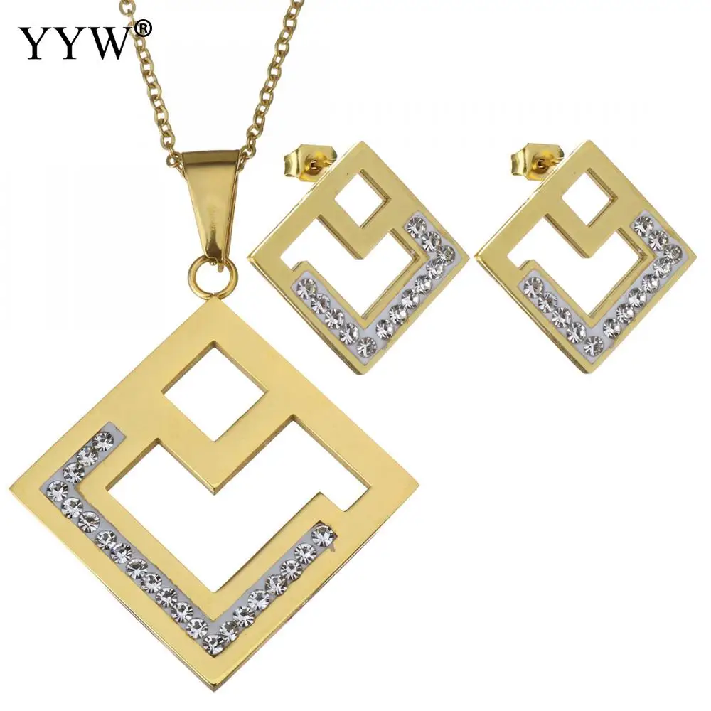 Jewelry Sets For Women Stainless Steel Rhinestone Rhombus Earring Gold Color Pendant & Necklace For Women Jewelry Christmas Gift