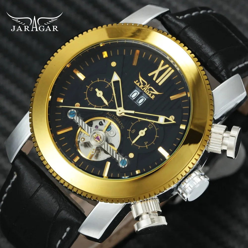 

2018 JARAGAR Fashion Auto Mechanical Watch Men Tourbillon Design 2 Working Sub-dials Roman Numerals Dial Top Brand Luxury Clock