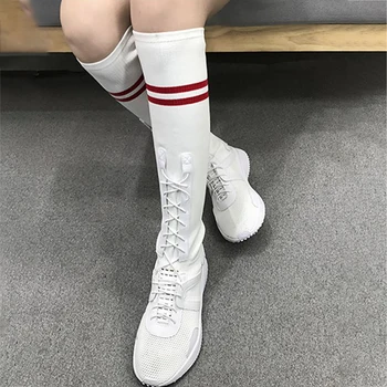 

Sock Boots Women Shoes Summer White Black Mid Calf Boots Platform Breathable Fashion Shoes Flying Woven Casual Ladies Boots
