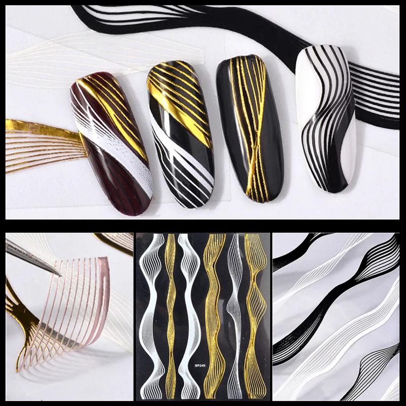 

1 Pc Wave Gold Black 3d Adhesive Metal Nail Stickers Decals DIY Charm Design Nail Art Decorations