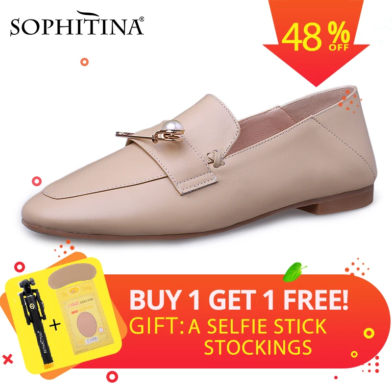 SOPHITINA 2019 New Solid High-quality Cow Leather Basic Female Flats Round Toe Slip-on CareeR Shoes with Pearl Decoration PO36
