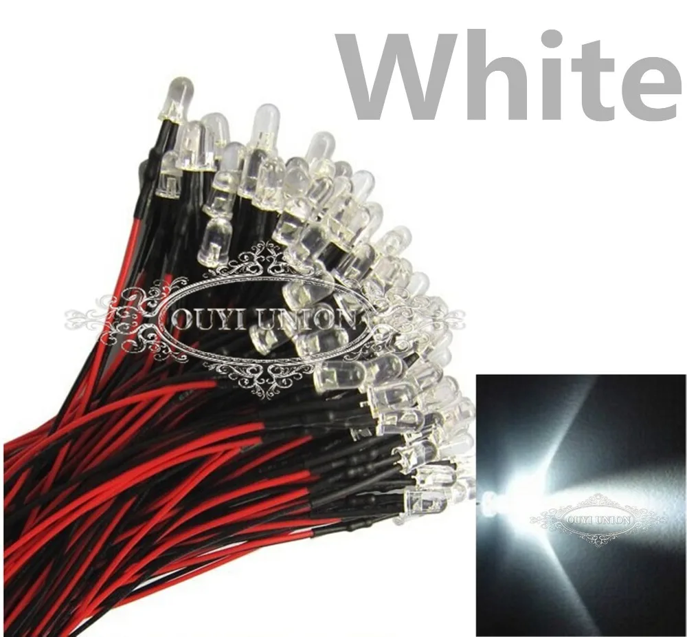 White Pre Wired 3mm Bright LEDs 20cm Prewired 12V Lamp Light 25 Degree 1000PCS | Электронные компоненты и