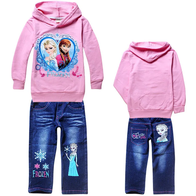 2014 autumn Children's girls Frozen Cotton hoodies + Jeans Suits 2 piece set wholesale 6 set/lot 704 pink Rose | Детская одежда и