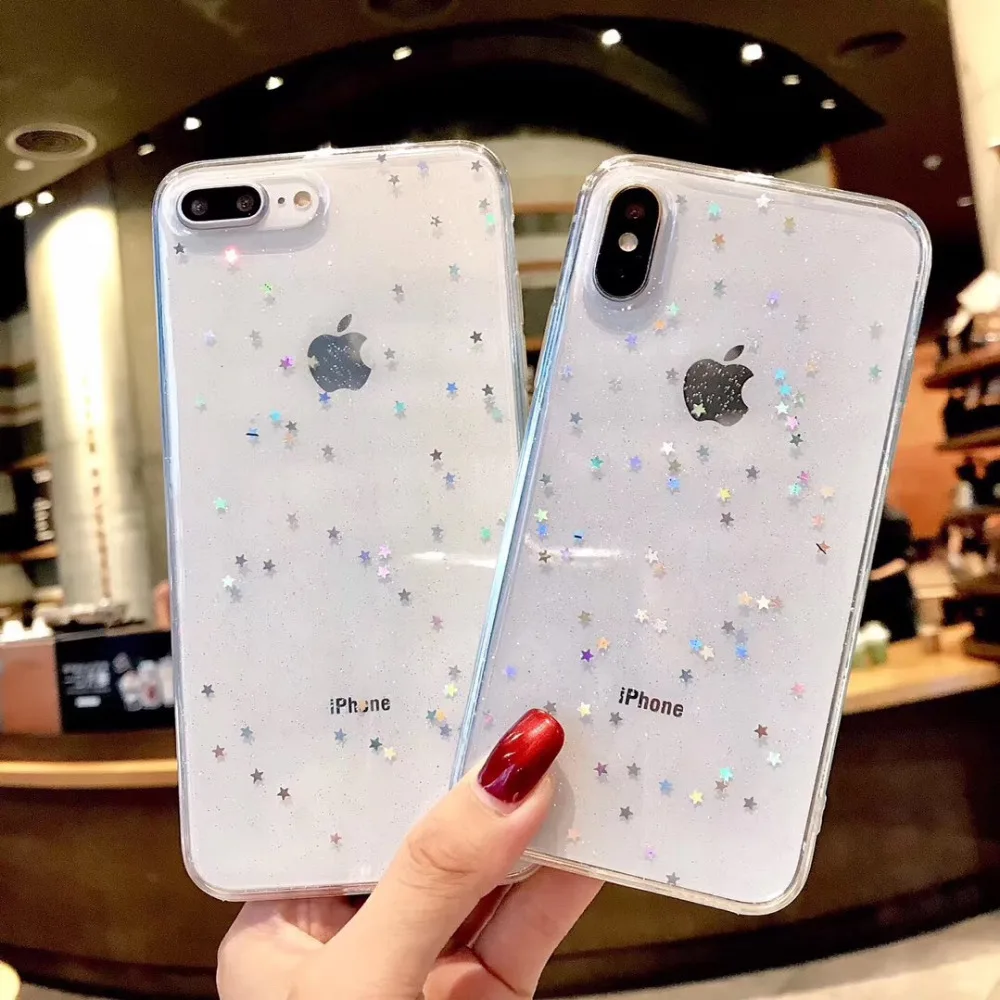 

2pcs/lot Cute Clear Star Love Bling Case For iphone XR XS Max X 10 6S 6 S 7 8 plus Blitter Soft Silicone Cover For iphone 7 Case