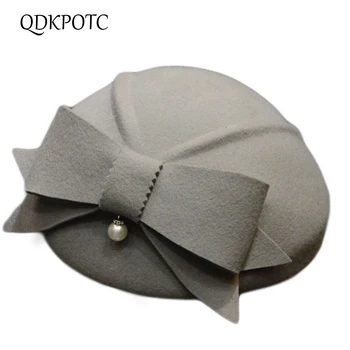 

QDKPOTC Female Wedding Banquet Party Fashion Headwear Lady Grace Bowknot Fedora Top Hat Women 100% Wool Felt Beret Caps