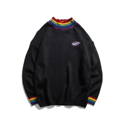 

Rainbow Collar Pullover Men's Sweater 2018 Winter Loose Style Sweater for Men High Street Sweaters Black White
