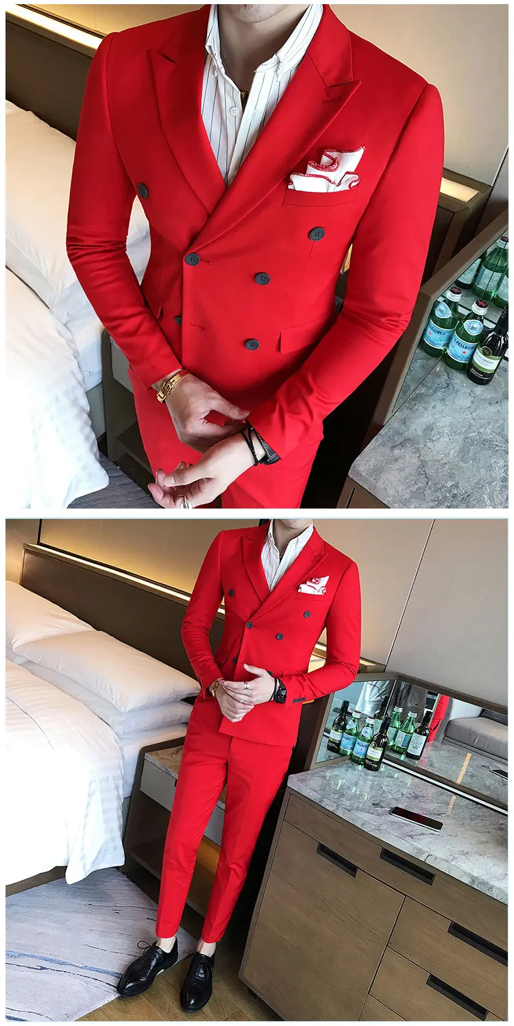 Plyesxale двубортный костюм мужской красный светильник серый 3 предмета свадебные костюмы для мужчин Slim Fit мужской деловой костюм высокое качество Q175
