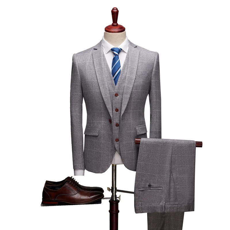 (Suit jacket+vest+pant )Top Quality Plaid Suit man Slim business suits Wedding Party 