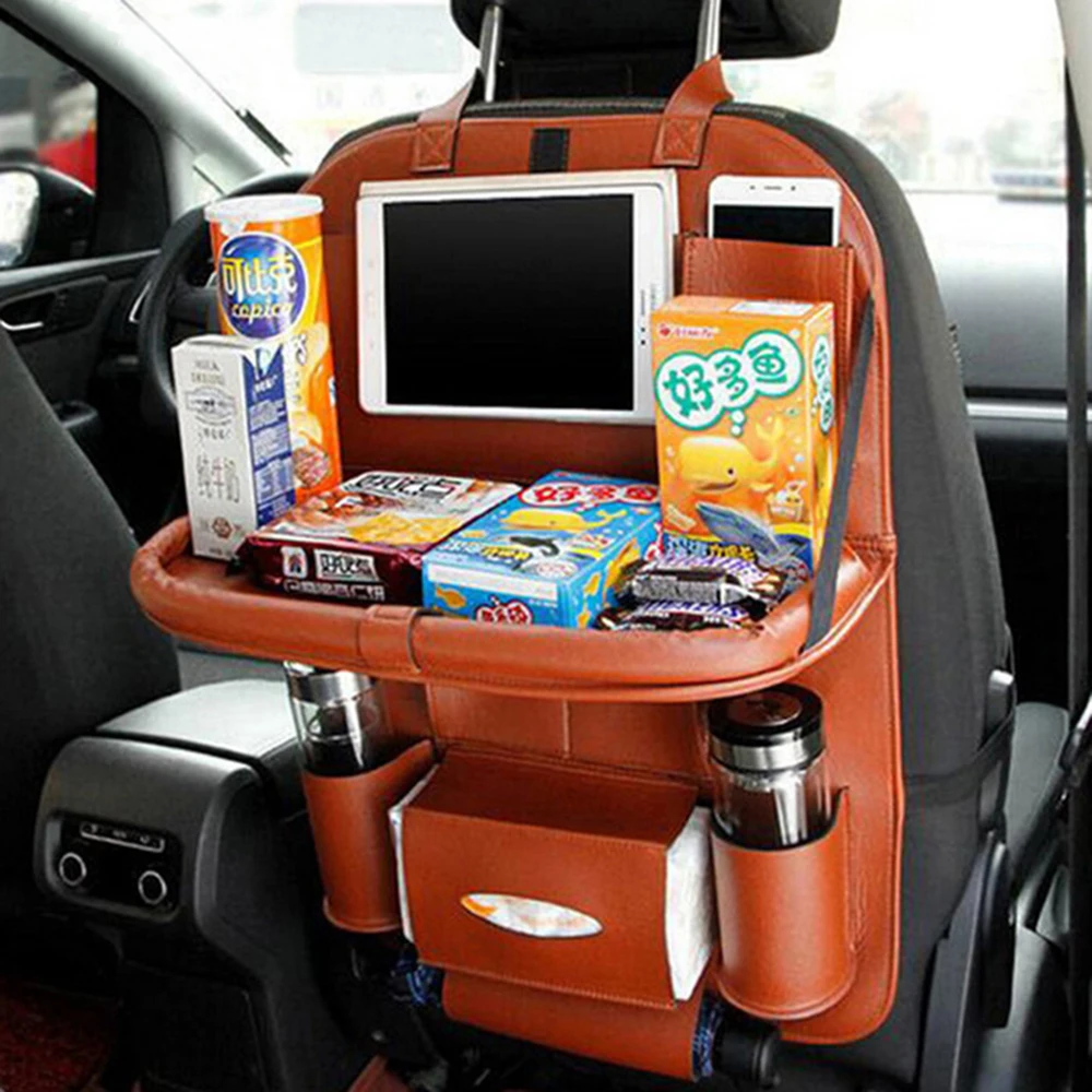 

LCRTDS Car Seat Back Hanging Organizer Bag Universal Auto Multi-pocket PU Leather Pad Cups Storage Holder Bag Foldable Shelf