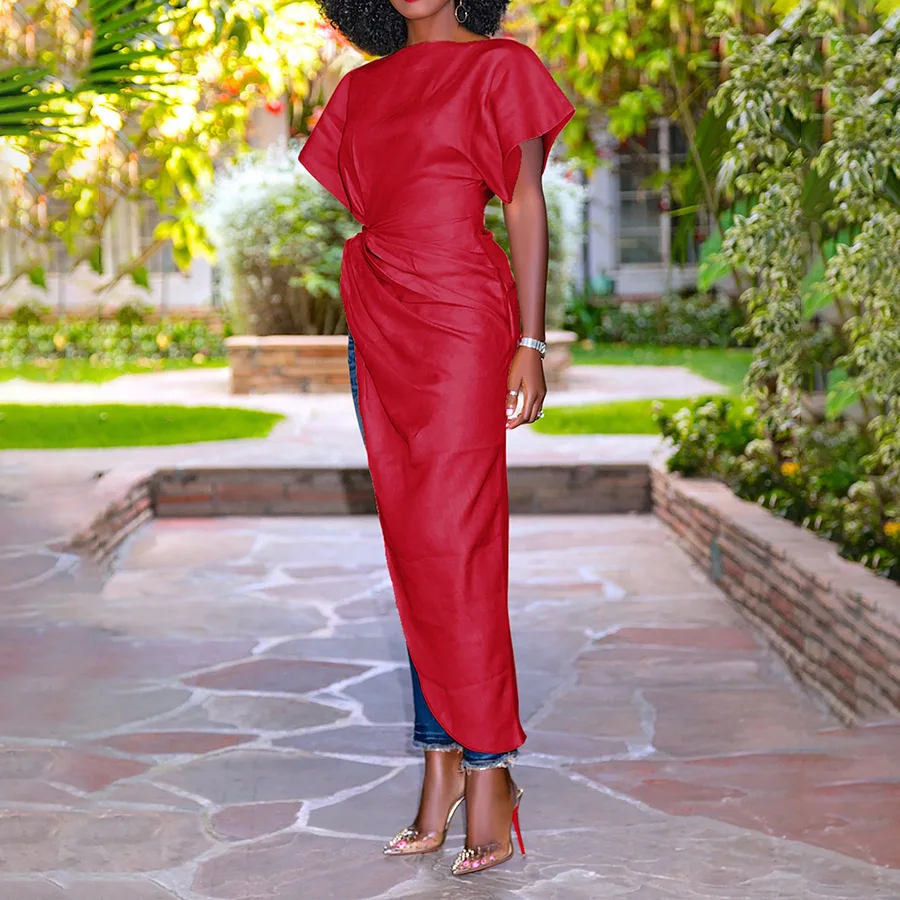 Clocolor Women Long Blouse Shirt Asymmetric Irregular Short Sleeve Summer Tops Fashion Modern Tunic Pleated Red Blouse Shirts