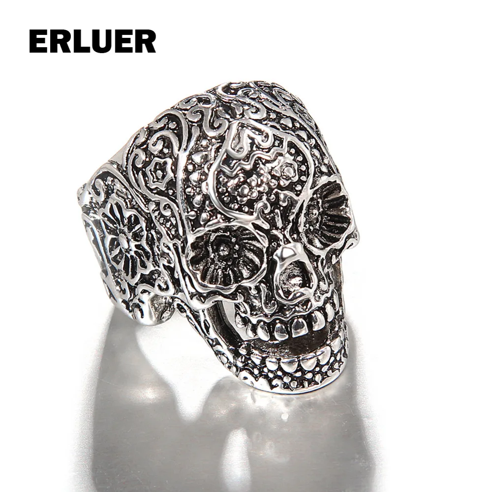 

Men's Skull Ring Biker Finger Rings European Gothic Punk Rock Retro Style Antique silver Carving pattern Statement Ring Men Band