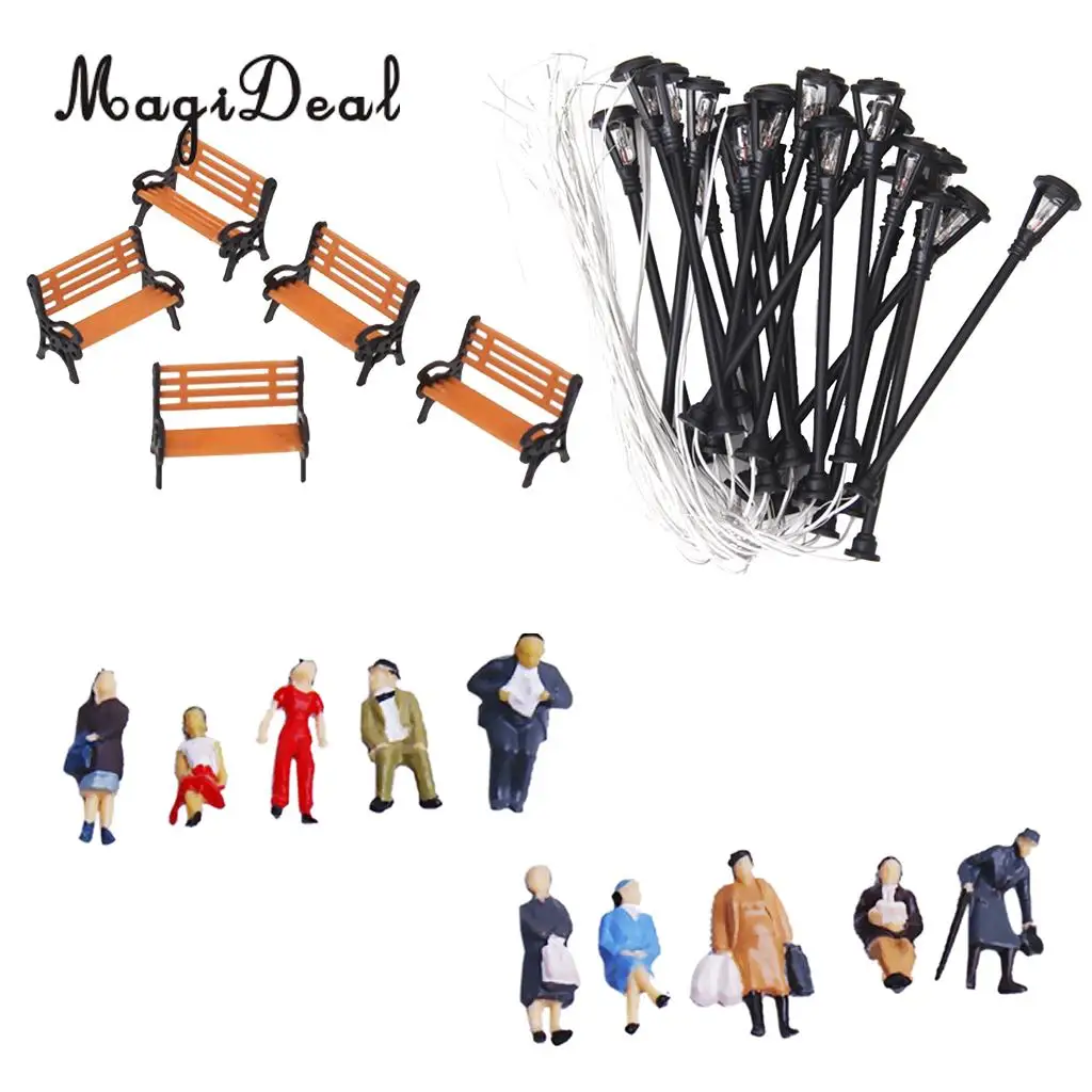 Hot Sale Painted People Figures Bench Lamppost Lights Model for Park Garden Street Station Platform Layout Scene Children Toys