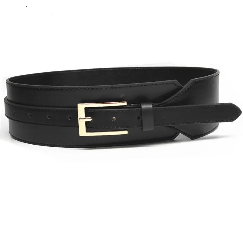 Women pin buckle wide belt waistband black strap leather PU waist