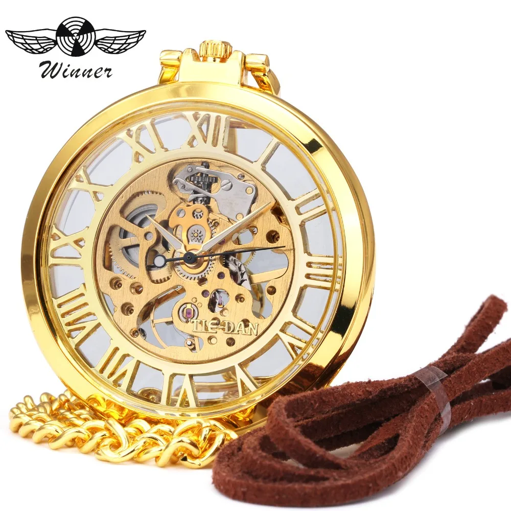 WINNER Top Brand Luxury Mechanical Pocket Watch Golden Skeleton Dial