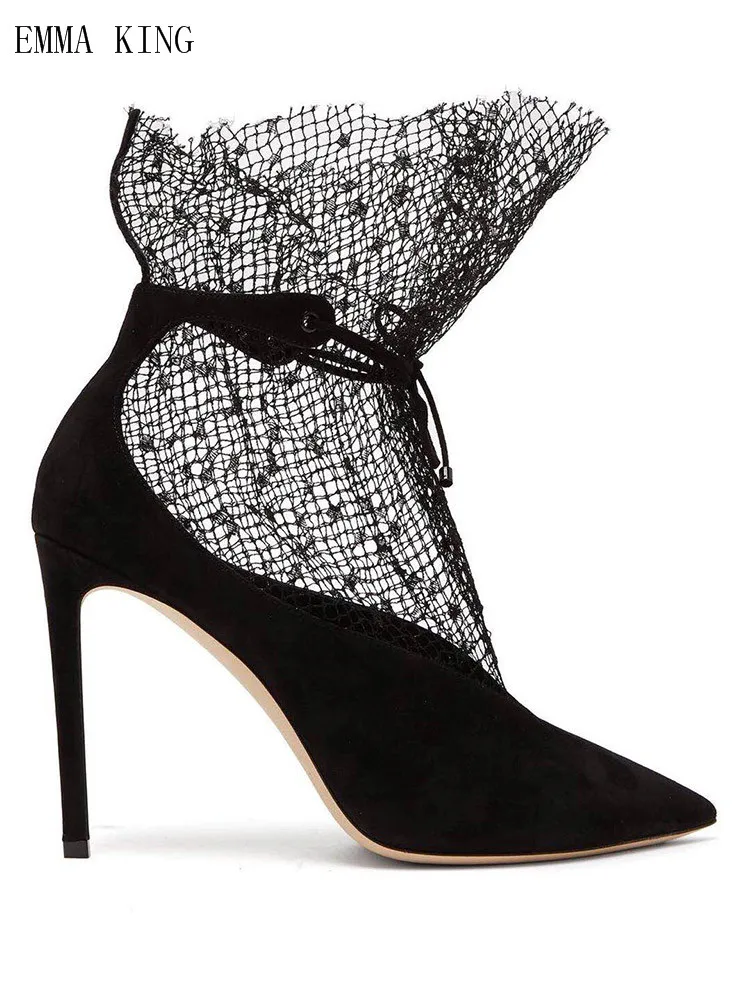 

Spring Autumn Women Sexy Black White Lace Lace-Up Ankle Wrap Women Boots Pointed Toe High Heel Model Party Wedding Ladies Shoes