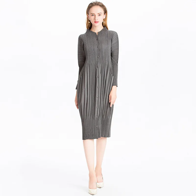 [EAM] New Autumn Winter Stand Collar Long Sleeve Black Pleated Split Joint Big Size Dress Women Fashion Tide JL566 - Цвет: gray