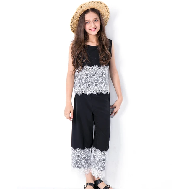Fashion Girls Sets Cotton Lace Two piece Tops Pants Clothes Girls 10 12