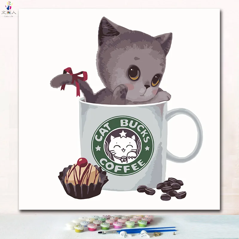 Животные Кошки в чашке цифровая картина маслом раскраска Цифры Картины по номерам с цветами и кистью для детей обучения краски - Цвет: 3018 cat2