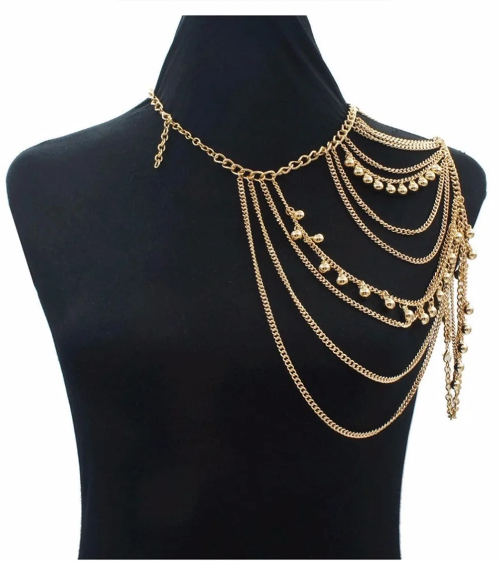 

Turkish Gypsy Harness Bikini Body Link Shoulder Chain Necklace Collar Dangling Bells Tassel gold Body Jewelry Dress Accessories