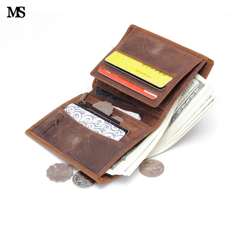 MS men Crazy Horse кожаный повседневный чехол для кредитных карт ID Cash Holder кошелек-Органайзер Кошелек для монет на молнии Trifold Wallet K100-1