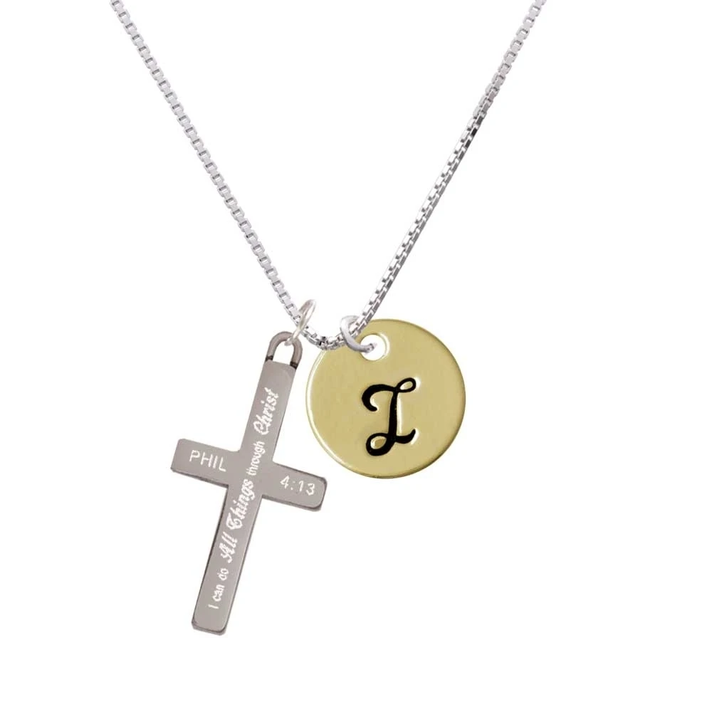 Large Gold Tone Disc Letter - I - 3/4'' - I Can Do All Things - Cross Necklace