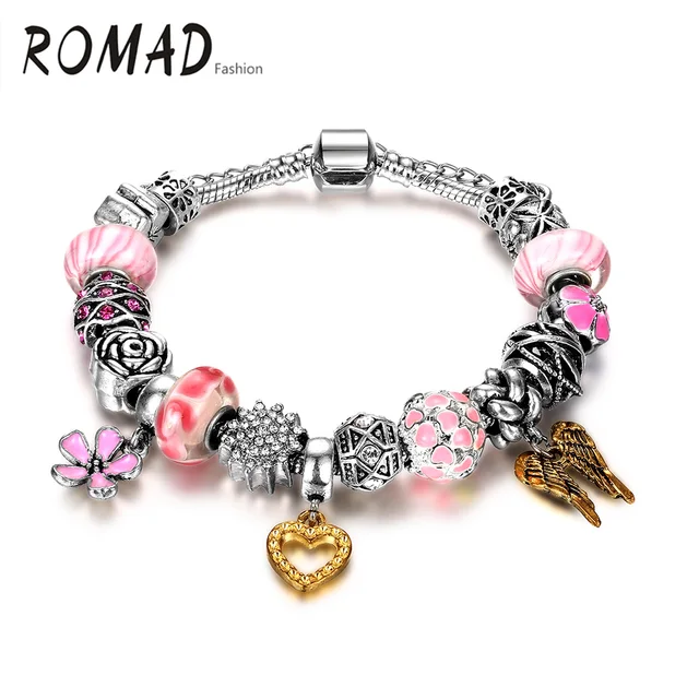 Romad Friendship Bracelet Silver Color Pink Heart Shaped Winter Romad Friendship Bracelet Silver Color Pink Heart Shaped Winter Charm Bracelets Bangle