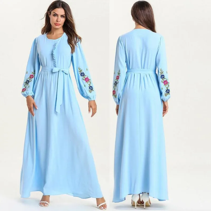 

Women Muslim Long Dress Chiffon Embroidery Contrast Color Abaya Maxi Gown Belt Dubai Robe Party Evening Wedding Dresses Elegant