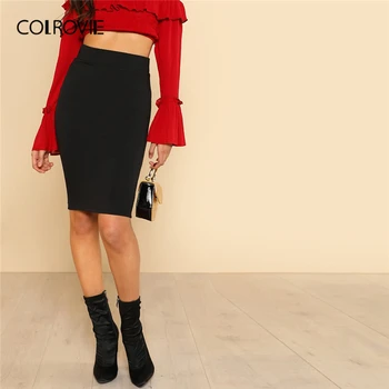 

COLROVIE Black Solid High Waist Bodycon Classy Skirt Women 2019 Summer Korean Knee Length Pencil Skirt Ladies Elegant Skirts