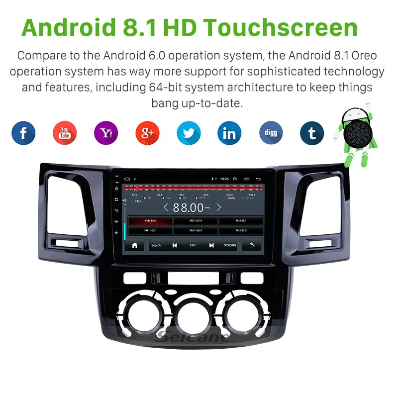 Seicane Car 2Din Stereo GPS 9" HD Android 8.1 for Toyota Fortuner/Hilux Manual A/C 2008- Left Hand Driving support Carplay