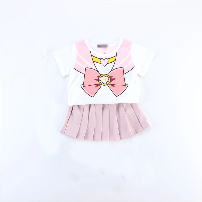 Детский карнавальный костюм Сейлор Мун для маленьких девочек школьная форма летняя футболка с короткими рукавами мини плиссированная юбка платье в стиле Лолиты - Цвет: Розовый